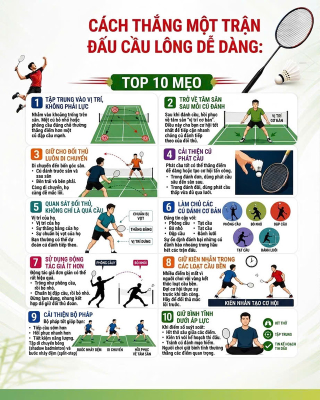 Tham khảo 10 mẹo để chiến thắng 1 trận cầu lông