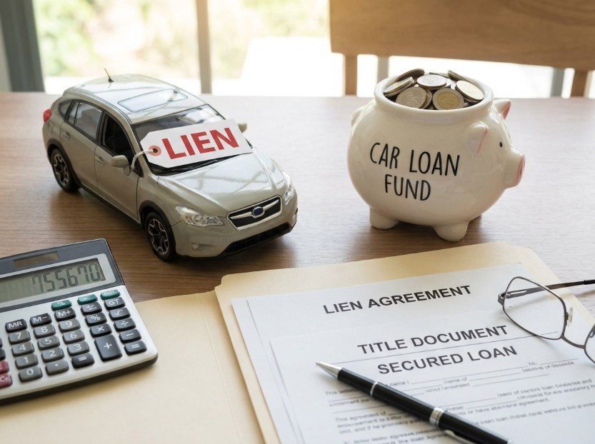 financial documents, payoff calculations, and a car lien agreement used during a vehicle purchase
