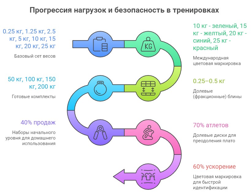 Весовые категории дисков для штанги и гантелей и принципы прогрессии - Инфографика магазина ТФХ
