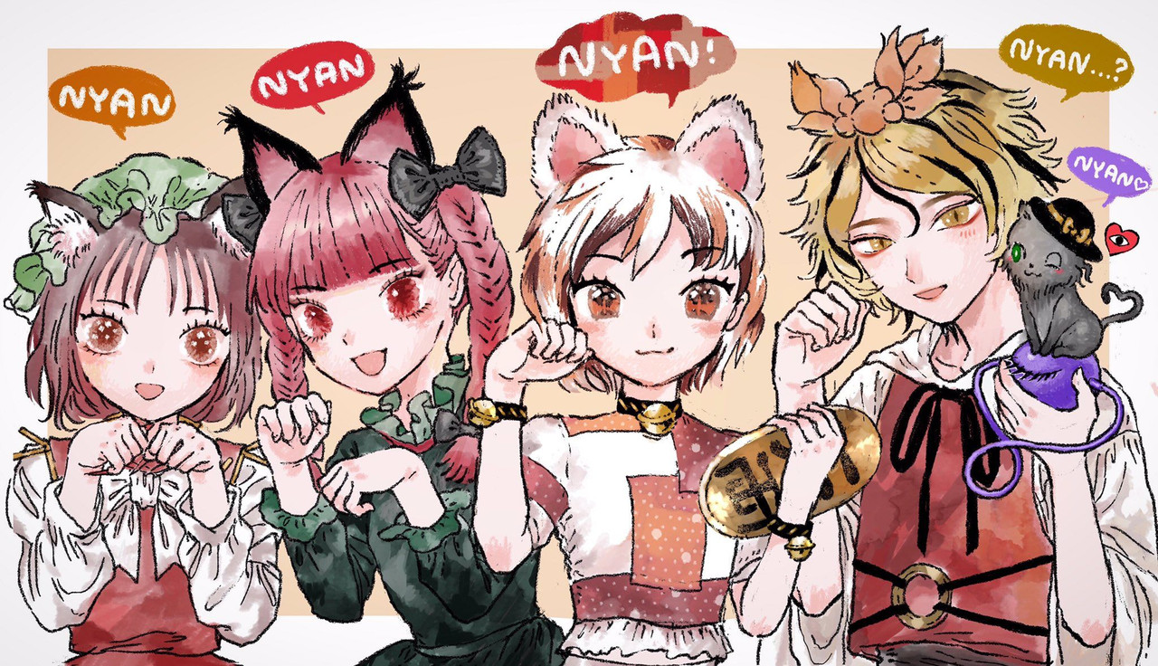 chen-kaenbyou-rin-toramaru-shou-goutokuji-mike-and-komeiji-koishi-touhou-drawn-by-nanaha-aischtle