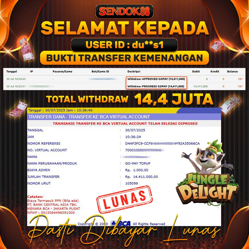 SENDOK88 JEPE! JUNGLE DELIGHT Rp 14.411.000,- LUNAS!