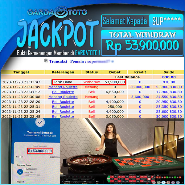 JACKPOT LIVE CASINO ROULETTE WD RP 53.900.000,- LUNAS