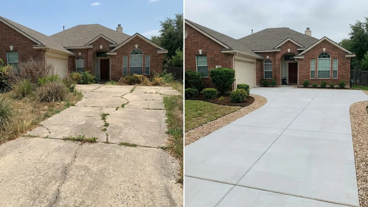 Before and after concrete driveway replacement in San Antonio, TX — cracked, heaved, and settled old slab on the left replaced with a new smooth 5-inch broom-finish driveway on a compacted base on the right