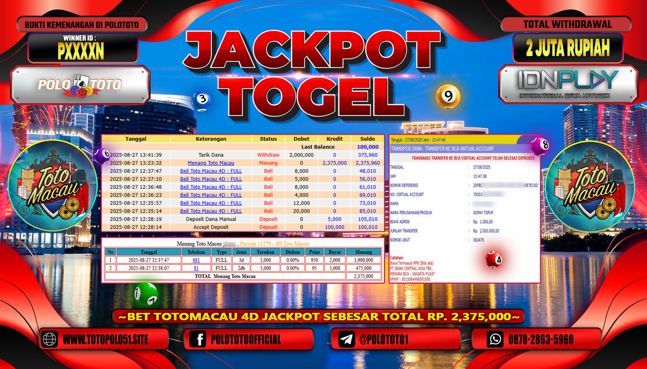 POLOTOTO JACKPOT TOGEL TOTO MACAU Rp.2.000.000,- LUNAS