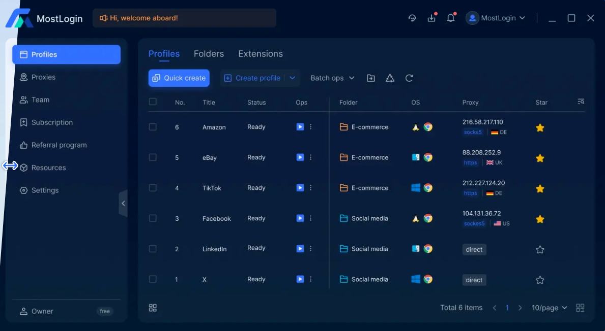 Creating and managing profiles in MostLogin