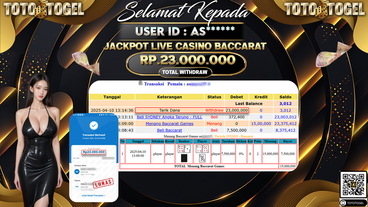 Bukti Pembayaran Jackpot  Permainan Live Casino Baccarat ID:AS****** LUNAS