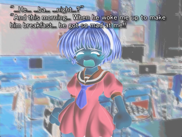 still image from the original higurashi visual novel. Satoko is pictured crying on the screen and all the colors are inverted so the world looks strange and unnatural. Keiichi says “…He…. ba… ….night?” and Satoko responds “And this morning… when he woke me up to make him breakfast… he got so mad at me!!”