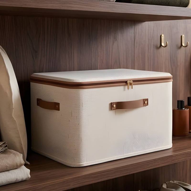 Foldable Fabric Clothes Storage Box with Lid & Leather Handles