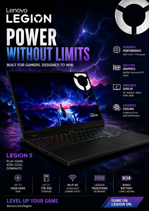 AI-generated example result for the marketing prompt: Lenovo Legion 5 Gaming Laptop Ad by PromptCraft