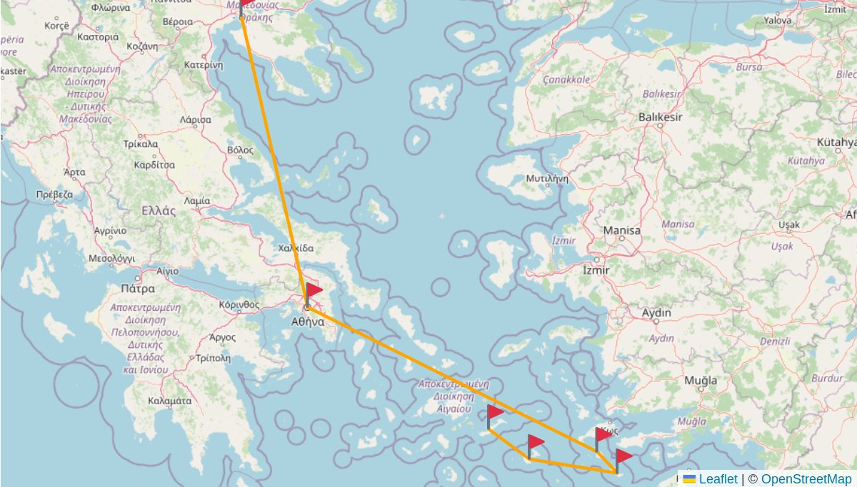 A map showing the planned route with a red flag on each of the places I visited.