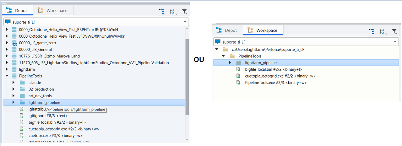 Localizando o arquivo nas abas Workspace/Depot do P4V