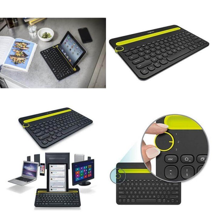 Teclado Logitech K480 mostrando el dial Easy-Switch para cambiar entre dispositivos.