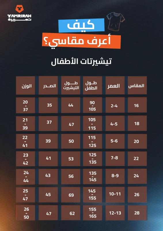 جدول قياس تيشيرتات الأطفال الأصلي المنشور في متجر تمريرة