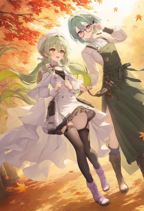 2girls, dutch angle, full body, orange eyes, low twintails, multicolored hair, g s-2911704734