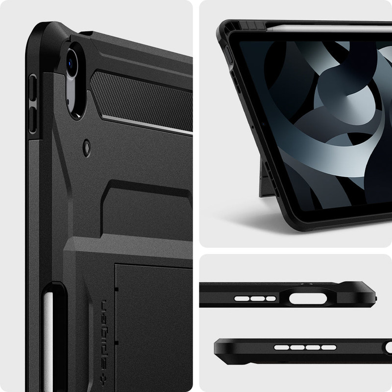 Forro Spigen Tough Armor Pro en un iPad Air, mostrando su diseño robusto.