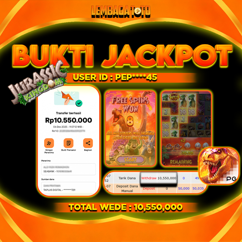 BUKTI JACKPOT 07 DECEMBER LEMBAGATOTO JURASSIC KINGDOM Rp10,550,000,- LUNAS
