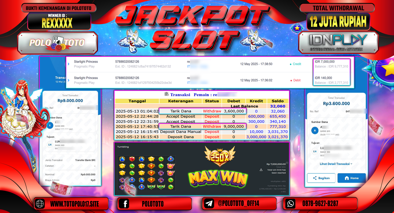 POLOTOTO JACKPOT SLOT STARLIGHT PRINCESS Rp.12.600.000,-