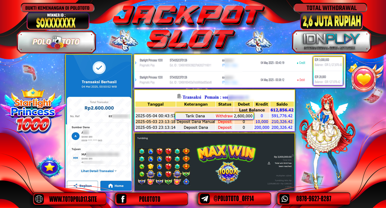 POLOTOTO JACKPOT SLOT STARLIGHT PRINCESS 1000 Rp.2.600.000,-