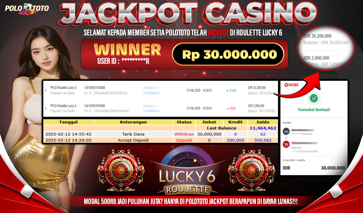 POLOTOTO JACKPOT LIVE CASINO ROULLETE LUCKY 6 Rp.30.000.000,- 
