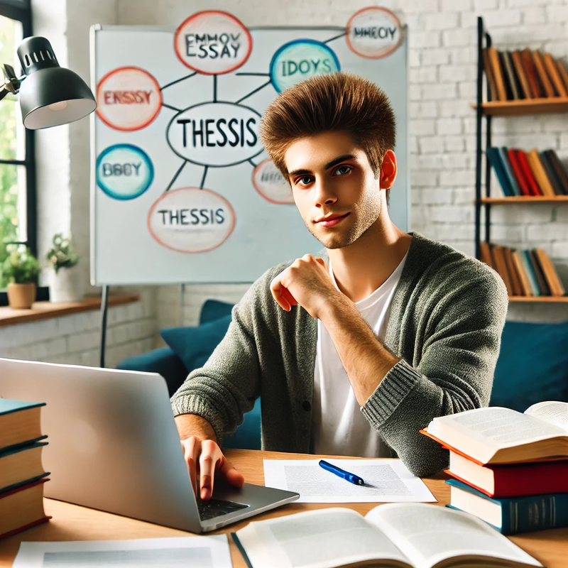 A student sitting at a desk, writing an essay, with books and a laptop on the table. A whiteboard with ideas is visible in the background.