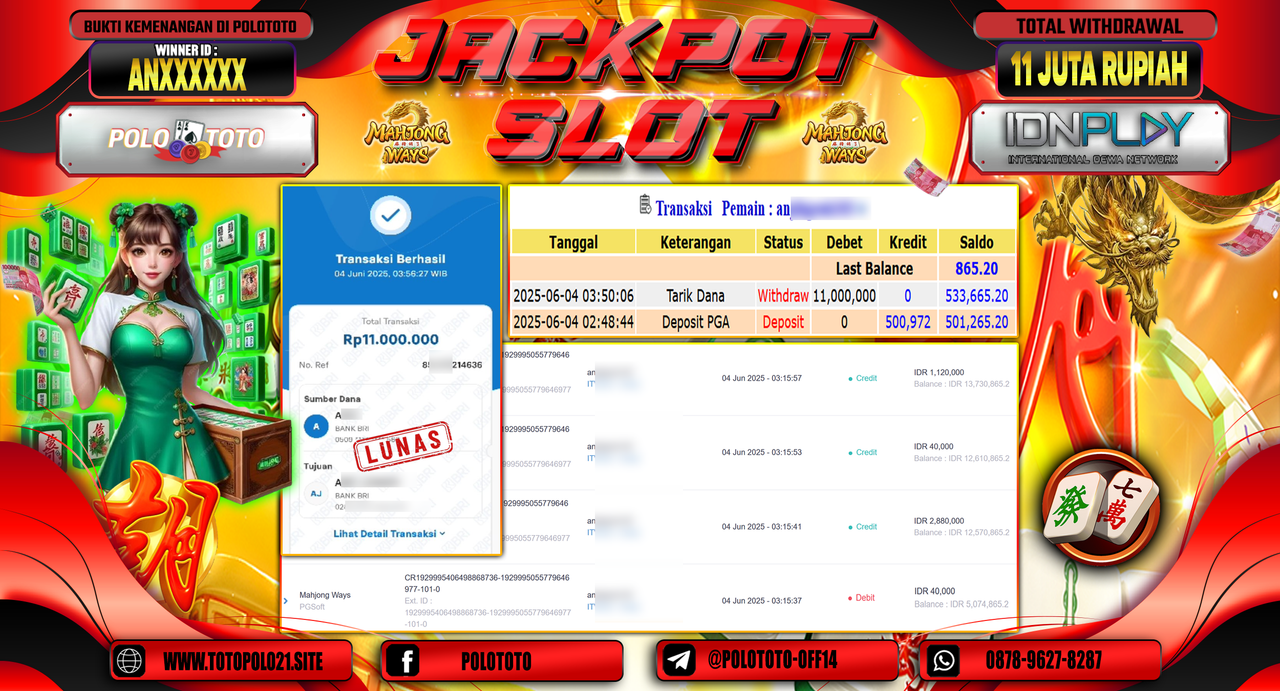 POLOTOTO JACKPOT SLOT MAHJONG WAYS Rp.11.000.000,-