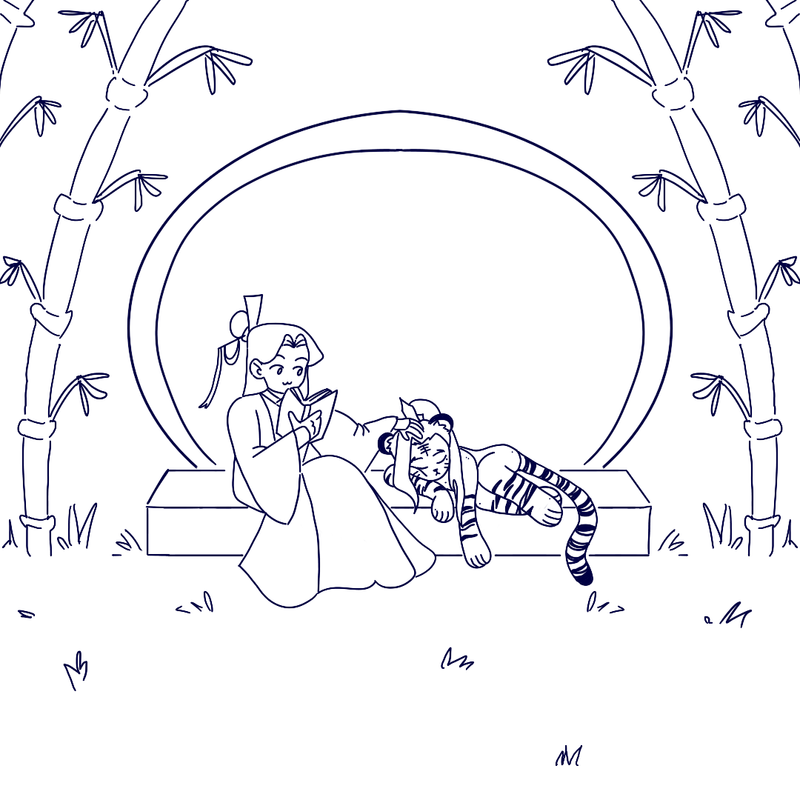 SY stares at LQG instead of his book while tiger hybrid LQG naps