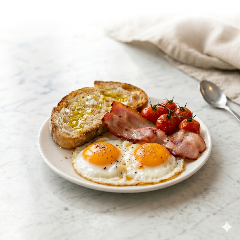 Huevos Fritos Con Bacon Y 1 Tostada