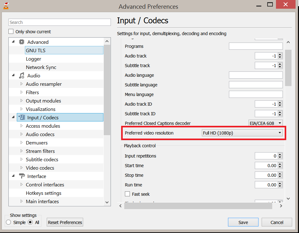 preferred video resolution setting