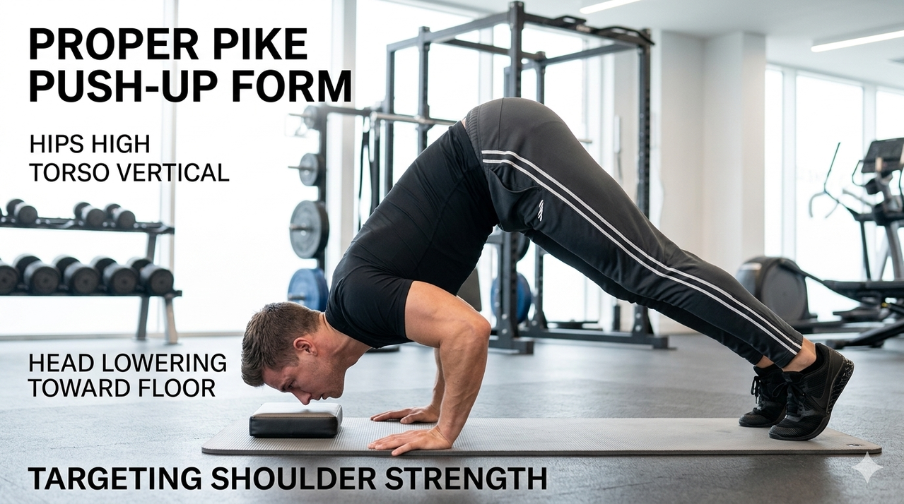 Man demonstrating proper pike push-up form with hips high and head lowering toward floor for shoulder strength and overhead press alternative