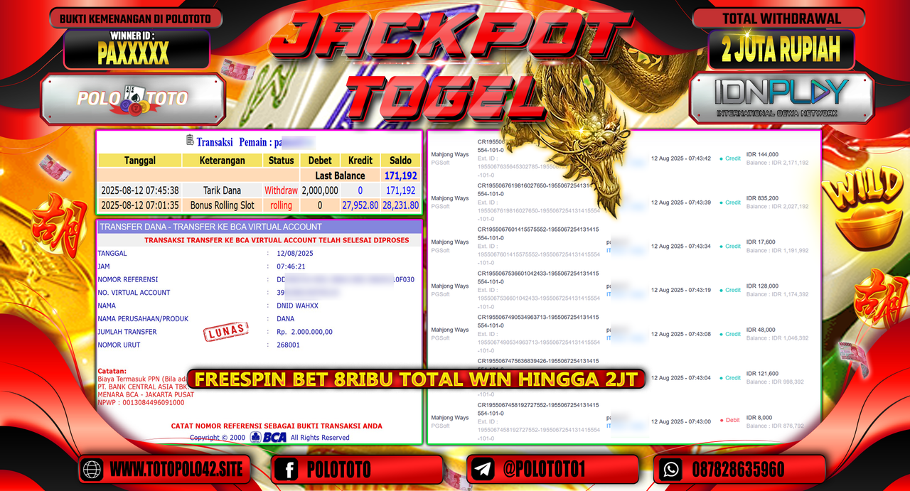 POLOTOTO JACKPOT SLOT MAHJONG WAYS Rp.2.000.000,-LUNAS