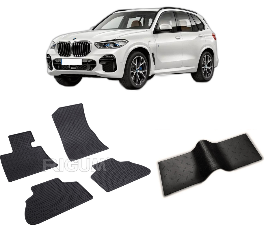 Set covorase auto BMW X5 G05 PHEV din 08.2019-PREZENT, cu covoras tunel median, CAROSERIE SUV, Presuri cauciuc 100%, compatibil cu autoturismul BMW X5 G05 PHEV, Rigum