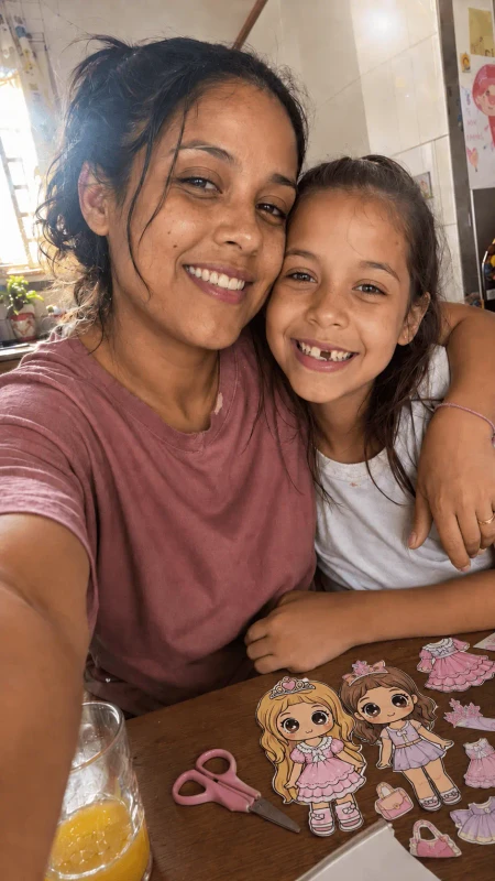 Selfie da Camila com a filha Sophia sentadas na mesa com bonecas de papel
