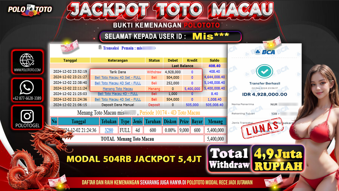 POLOTOTO JACKPOT TOGEL TOTO MACAU Rp.4,928.000,-