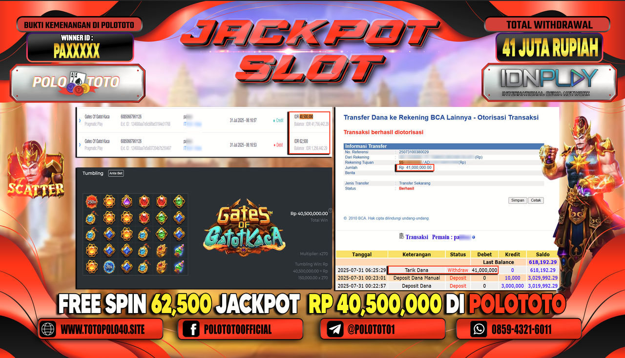 POLOTOTO JACKPOT SLOT GATES OF GATOT KACA Rp.41.000.000,-LUNAS