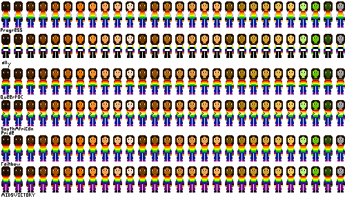 a row of people with pride flag shirts and almost-black brown hair