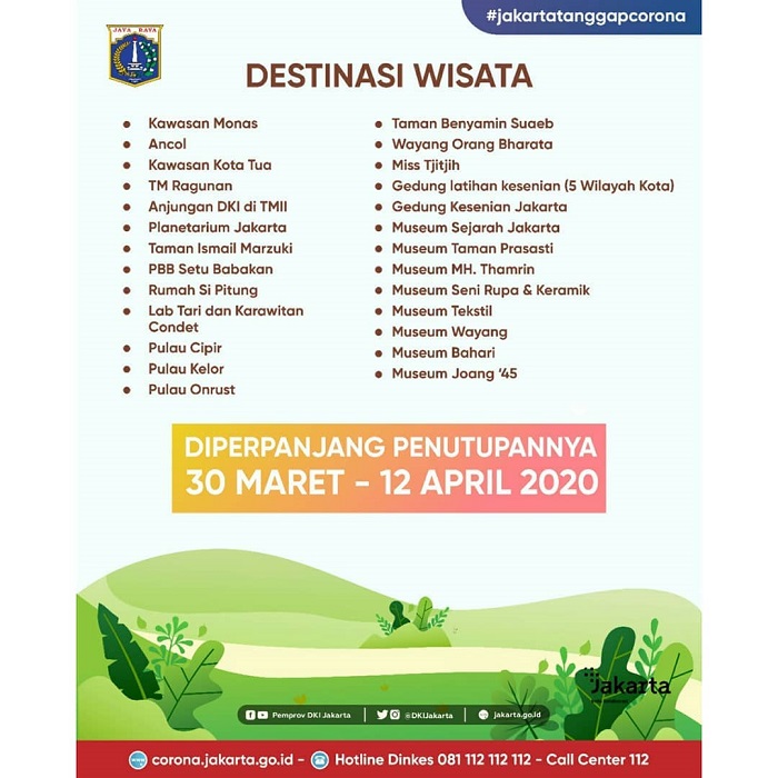 Penutupan sementara destinasi wisata di Jakata diperpanjang
