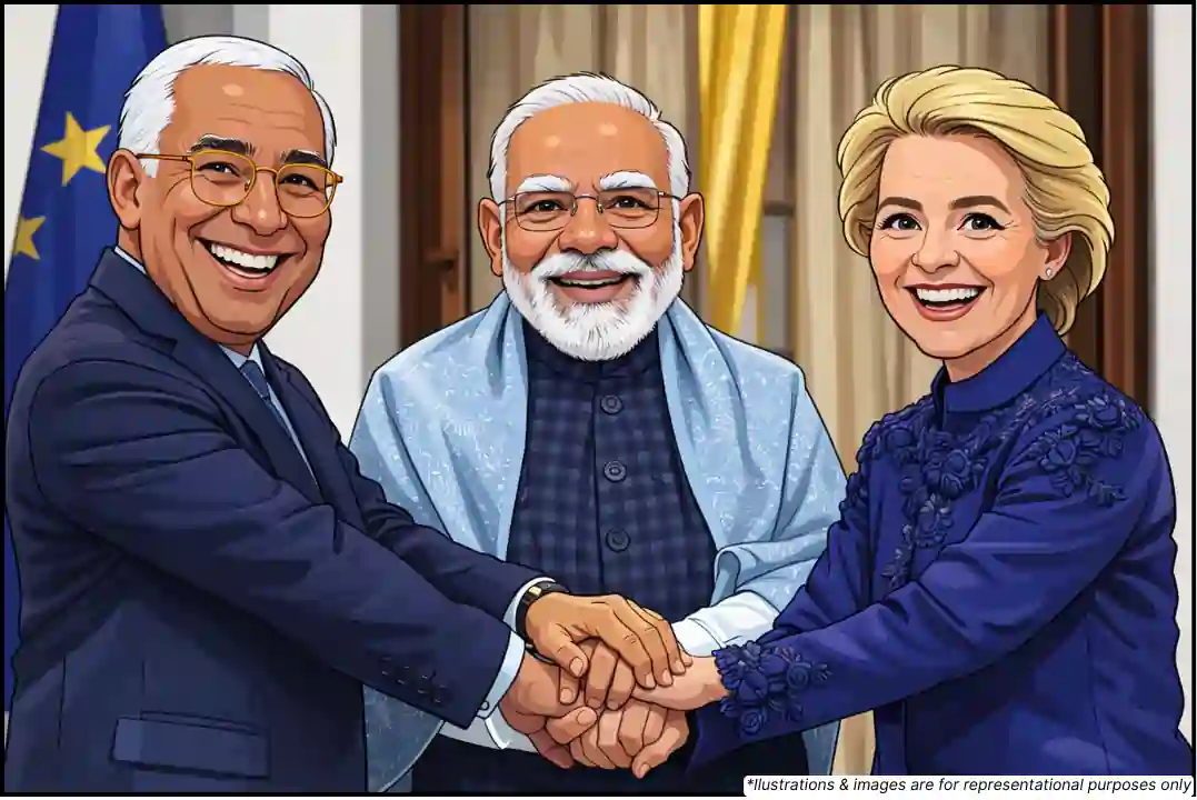 illustration of three leaders (EU-IND) smiling and joining hands in a group handshake.