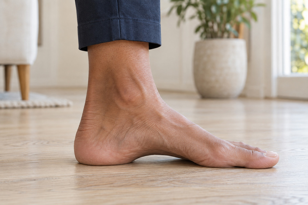 high arch foot standing on wood floor