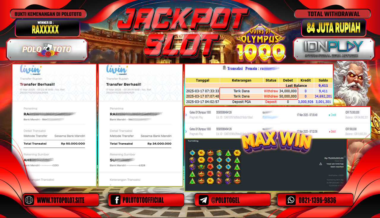 POLOTOTO JACKPOT SLOT GATES OF OLYMPUS 1000 Rp.84.000.000,-