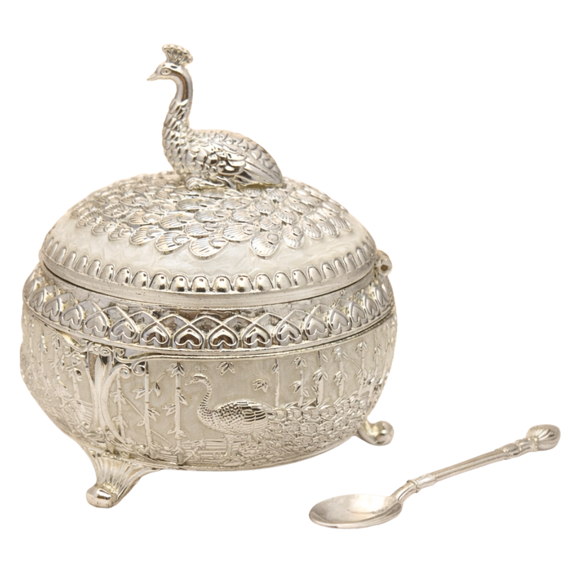 Peacock Round Mukhwas/sugar Pot White