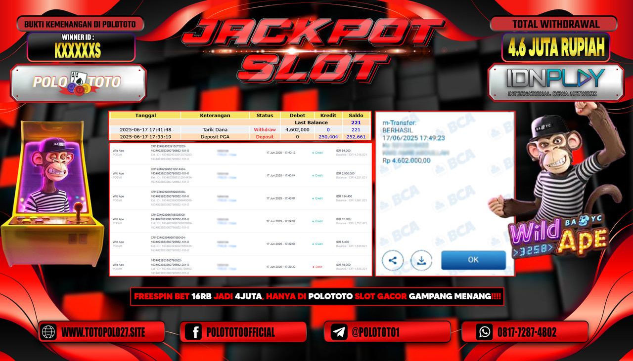 POLOTOTO JACKPOT SLOT WILD APE Rp.4.600.000,- LUNAS