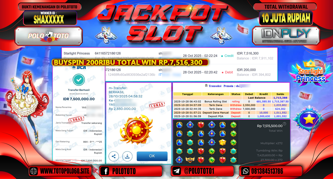 POLOTOTO JACKPOT SLOT STARLIGHT PRINCESS Rp.10.000.000,- LUNAS