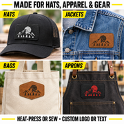 Custom patches displayed on hats jackets bags and aprons