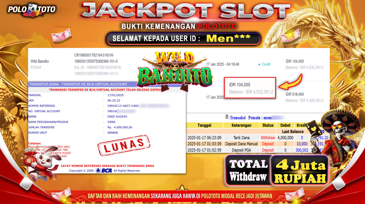 POLOTOTO JACKPOT SLOT WILD BANDITO Rp.4,000.000,-