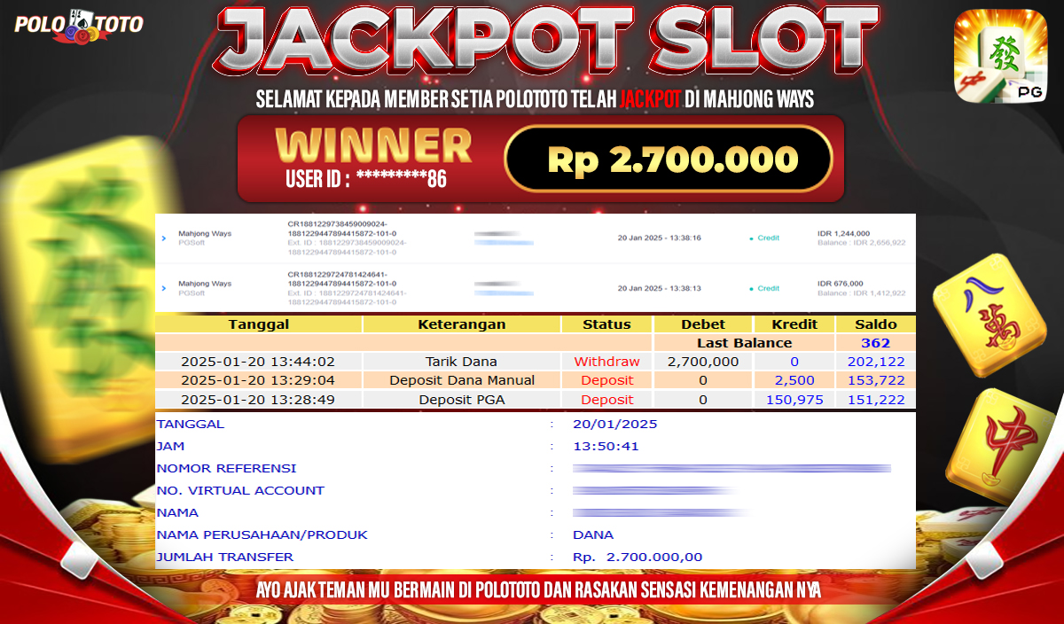 POLOTOTO JACKPOT SLOT MAHJONG WAYS Rp.2,700.000,-
