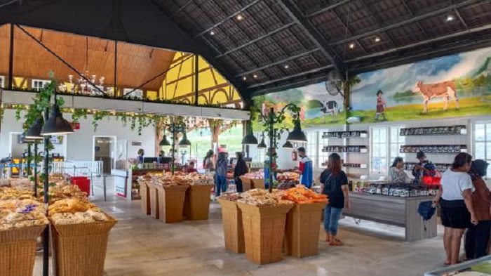 Sejumlah pengunjung tengah berburu oleh-oleh di Cepogo Cheese Park.
