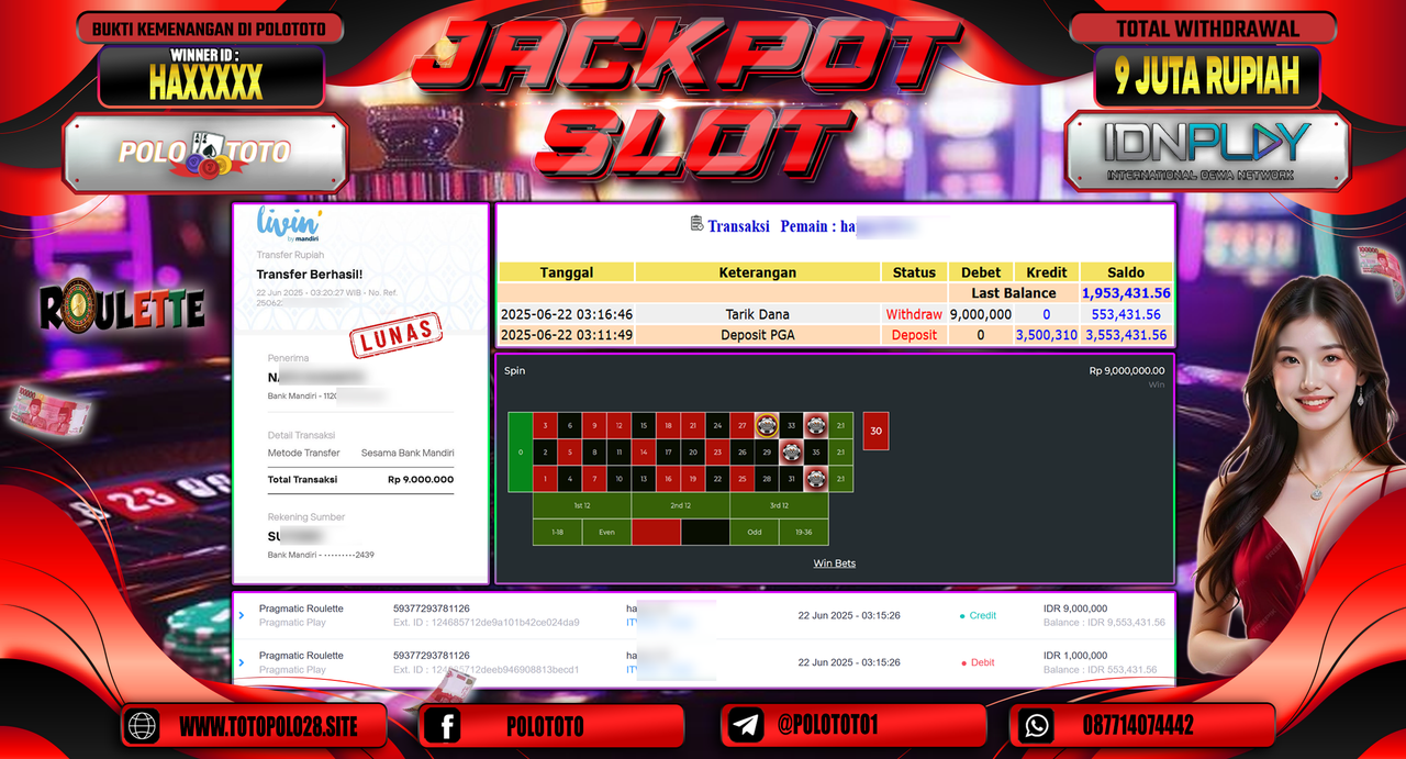 POLOTOTO JACKPOT SLOT PRAGMATIC ROULETTE Rp.9.000.000,-