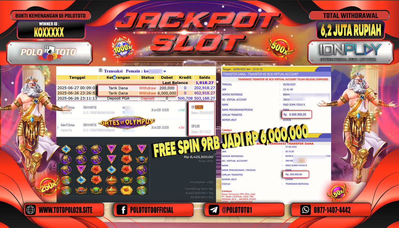 POLOTOTO JACKPOT SLOT GATES OF OLYMPUS Rp.6.200.000,-