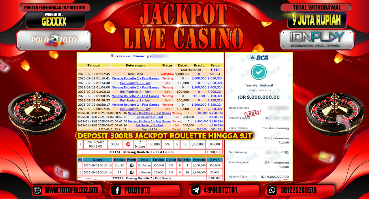 POLOTOTO JACKPOT LIVE CASINO ROULETTE Rp.9.000.000,-