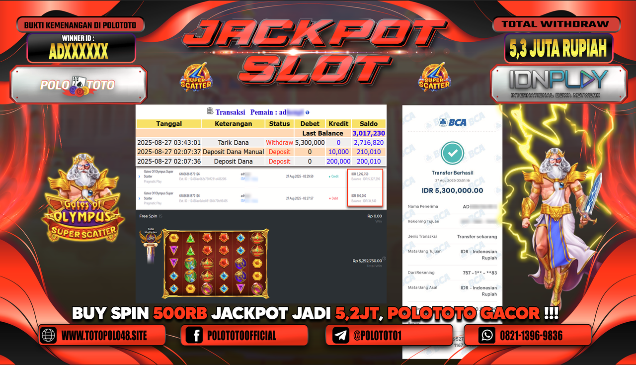 POLOTOTO JACKPOT SLOT GATES OF OLYMPUS SUPER SCATTER Rp.5.300.000,-